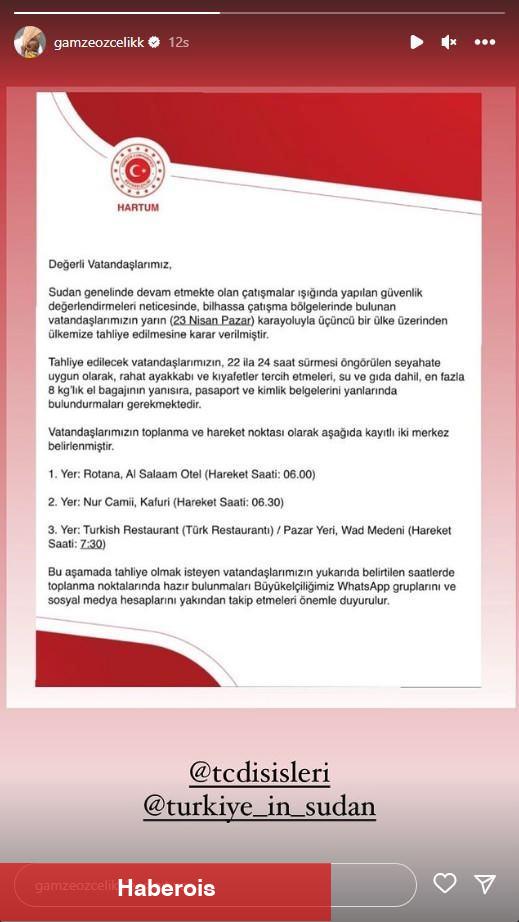 Gamze Özçelik Sudan'daki Türk vatandaşlarının tahliyesiyle ilgili paylaşım yaptı