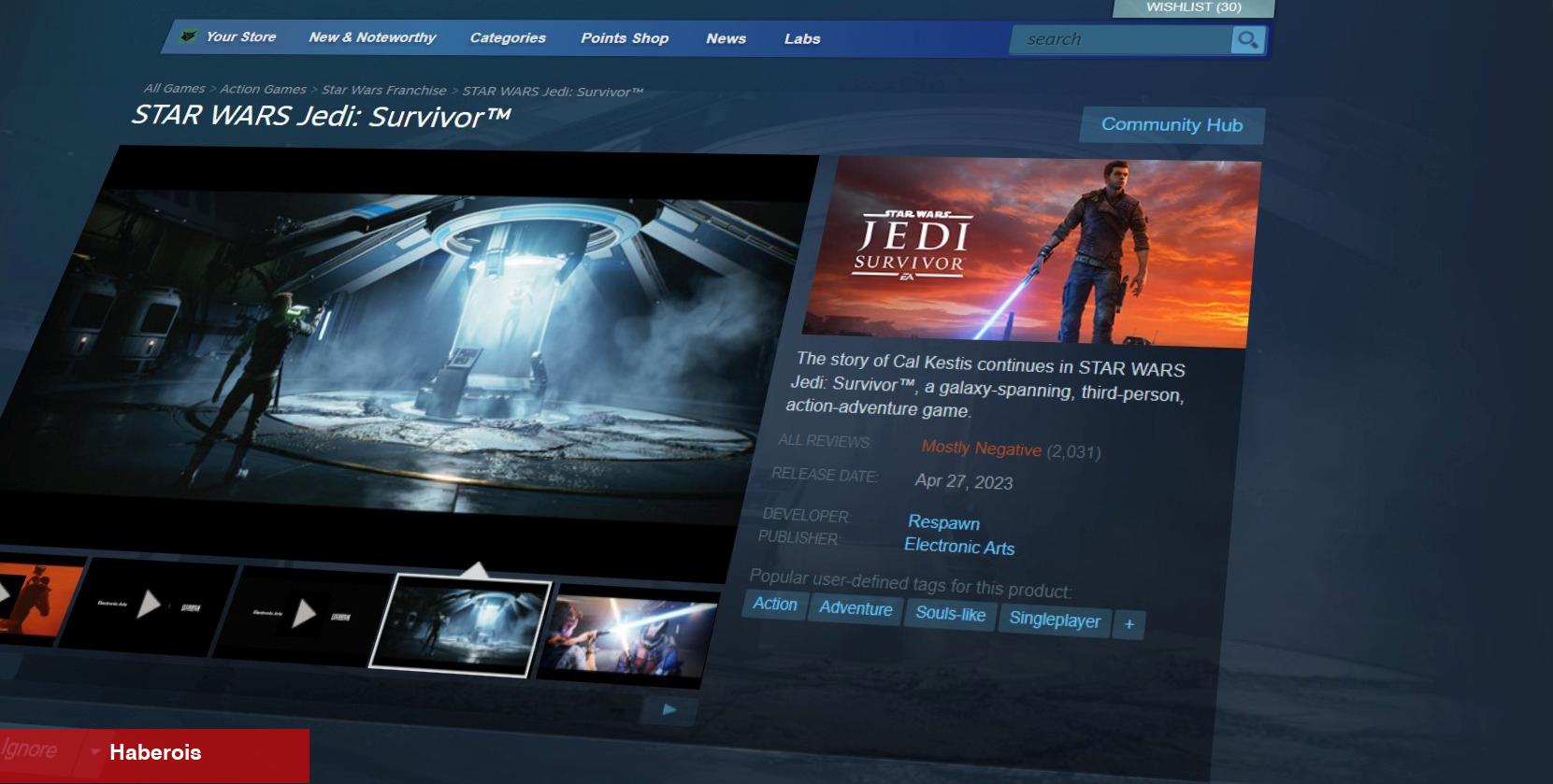 Star Wars Jedi: Survivor Steam'de "çoğunlukla olumsuz" incelemelere sahip
