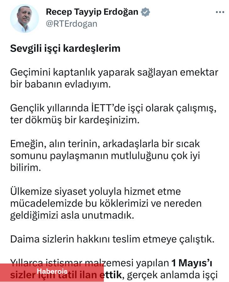 Cumhurbaşkanı Erdoğan’dan 1 Mayıs Mücadele ve Dayanışma Günü Paylaşımı