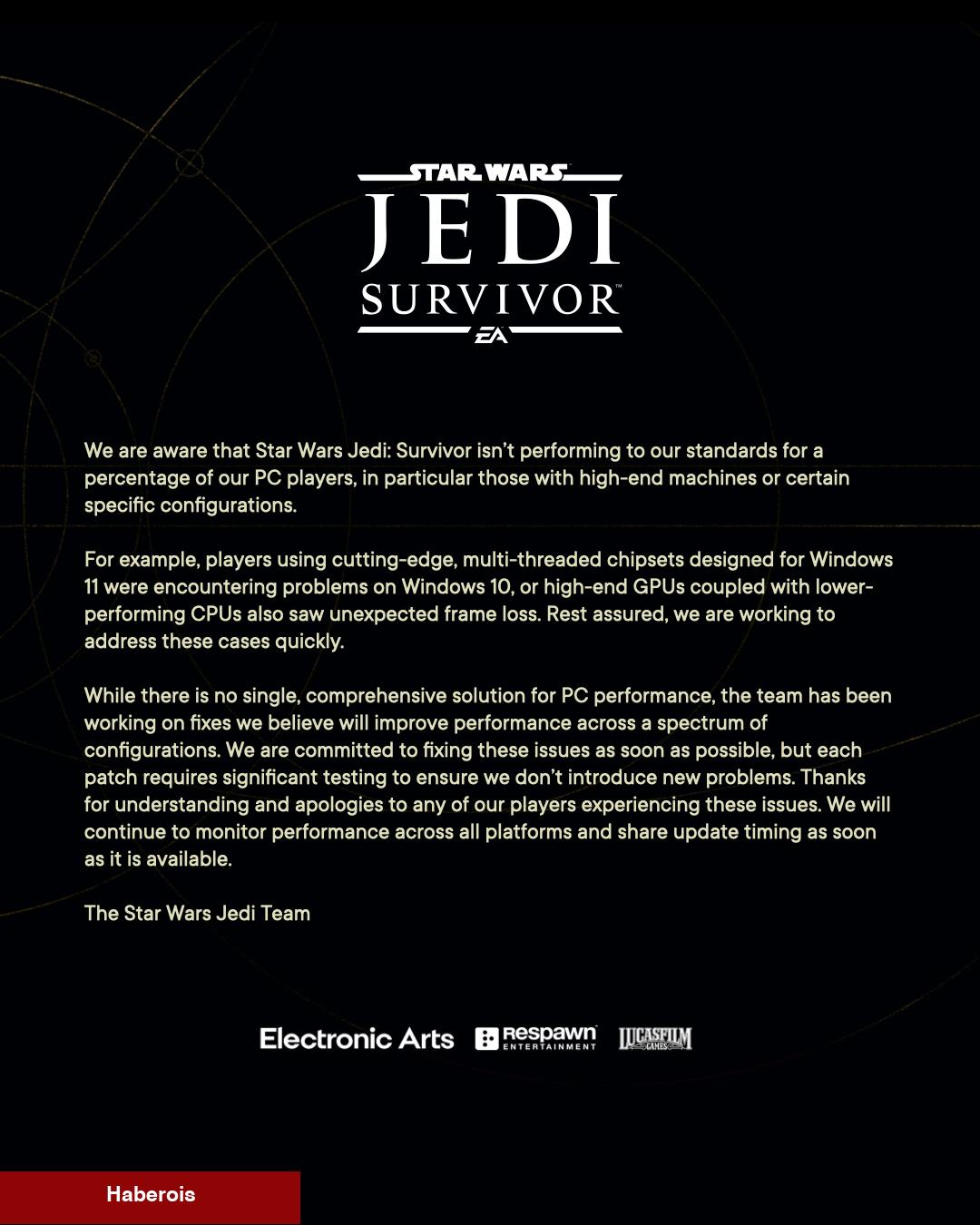 Respawn, Star Wars Jedi: Survivor'ın PC sürümü için oyunculardan özür diledi