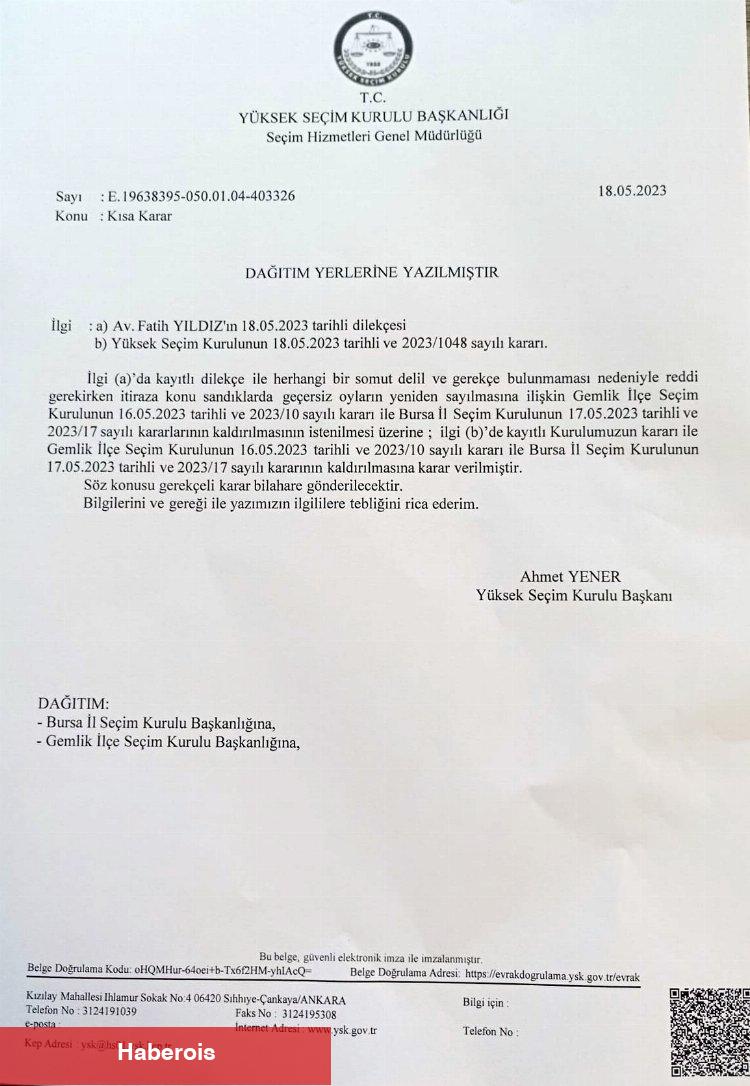 YSK'dan Gemlik kararı