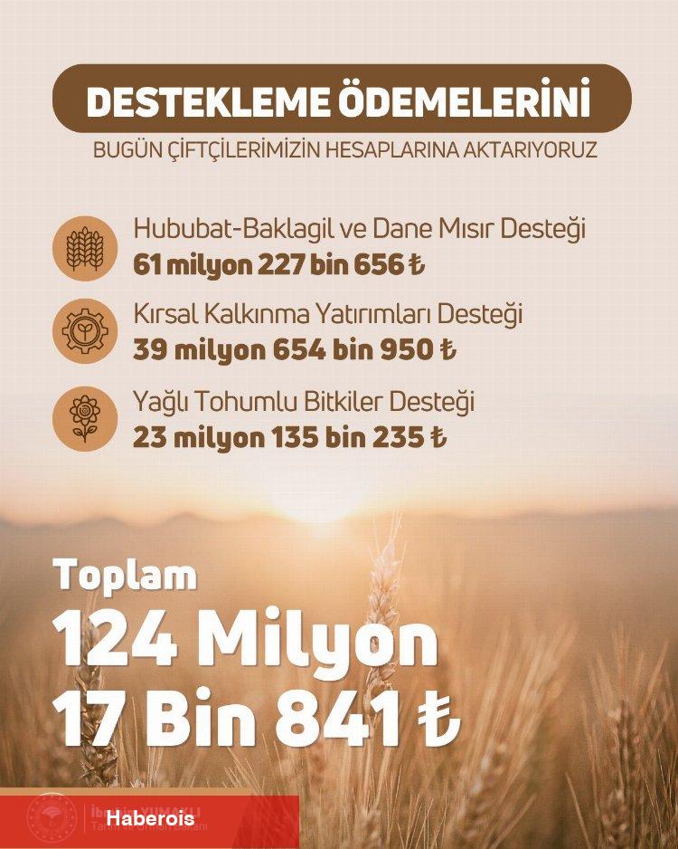 124 milyon TL'lik tarımsal destek hesaplarda