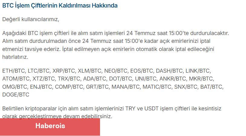 Türk Bitcoin Borsasından Bu 26 Altcoin İçin Delist Duyurusu! - Haberois Türk Bitcoin Borsasından Bu 26 Altcoin İçin Delist Duyurusu!
