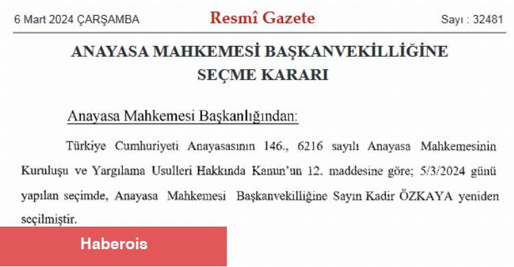 AYM'de Kadir Özkaya yeniden başkanvekili