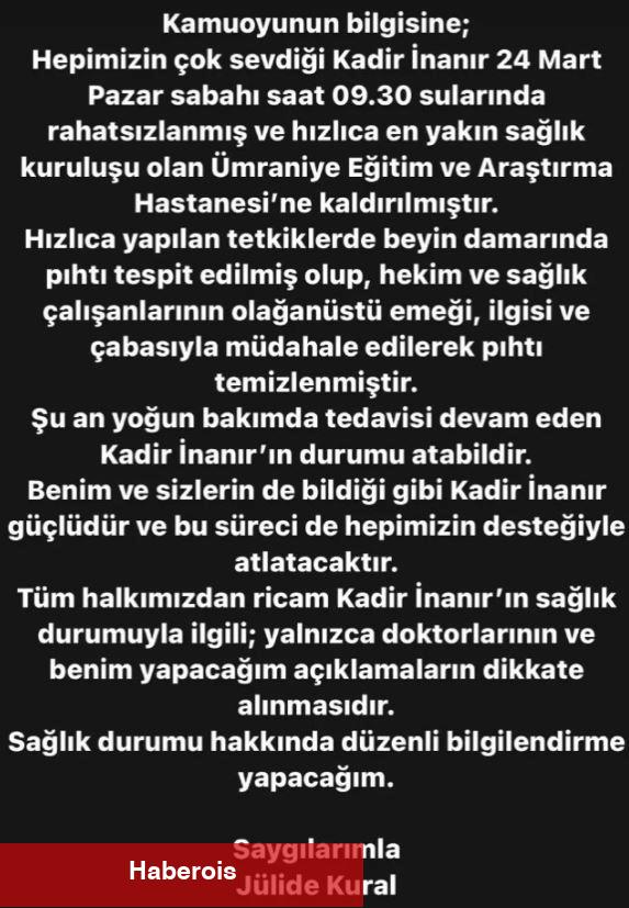Kadir İnanır hastaneye kaldırıldı! Sıhhat durumuyla ilgili Jülide Kural'dan açıklama