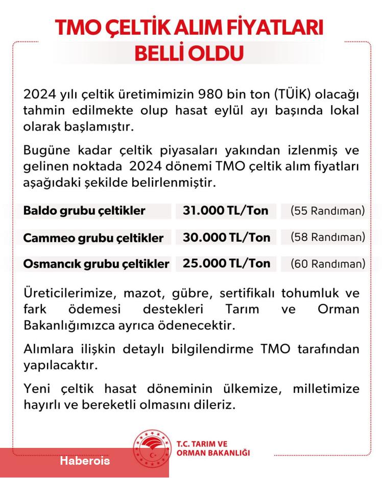 Çeltik alım fiyatları açıklandı