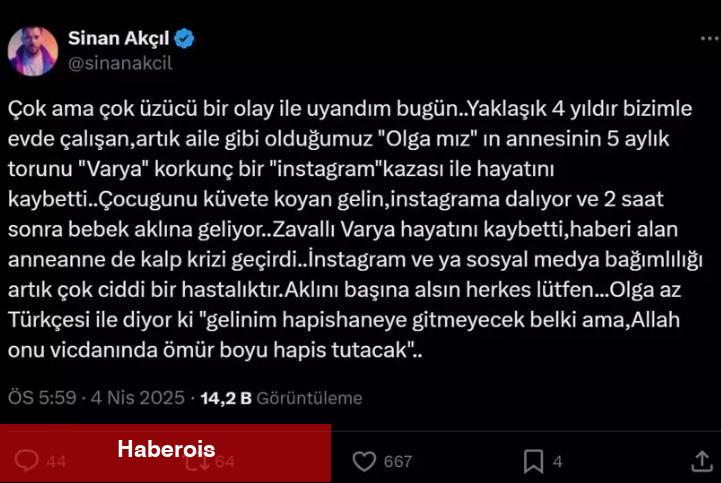 Sinan Akçıl acı olayı paylaştı: Ömür uzunluğu vicdanında mahpus olacak!