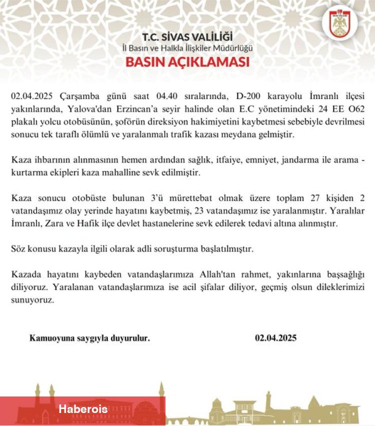 Sivas'ta otobüs devrildi: 2 ölü, 23 yaralı