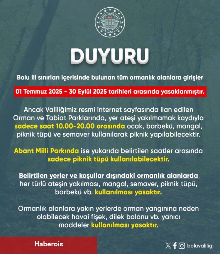 Bolu ormanlarına girişler 30 Eylül'e kadar yasaklandı!