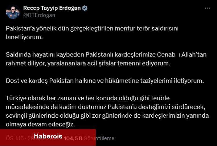 Cumhurbaşkanı Erdoğan’dan Pakistan'daki terör saldırısına kınama