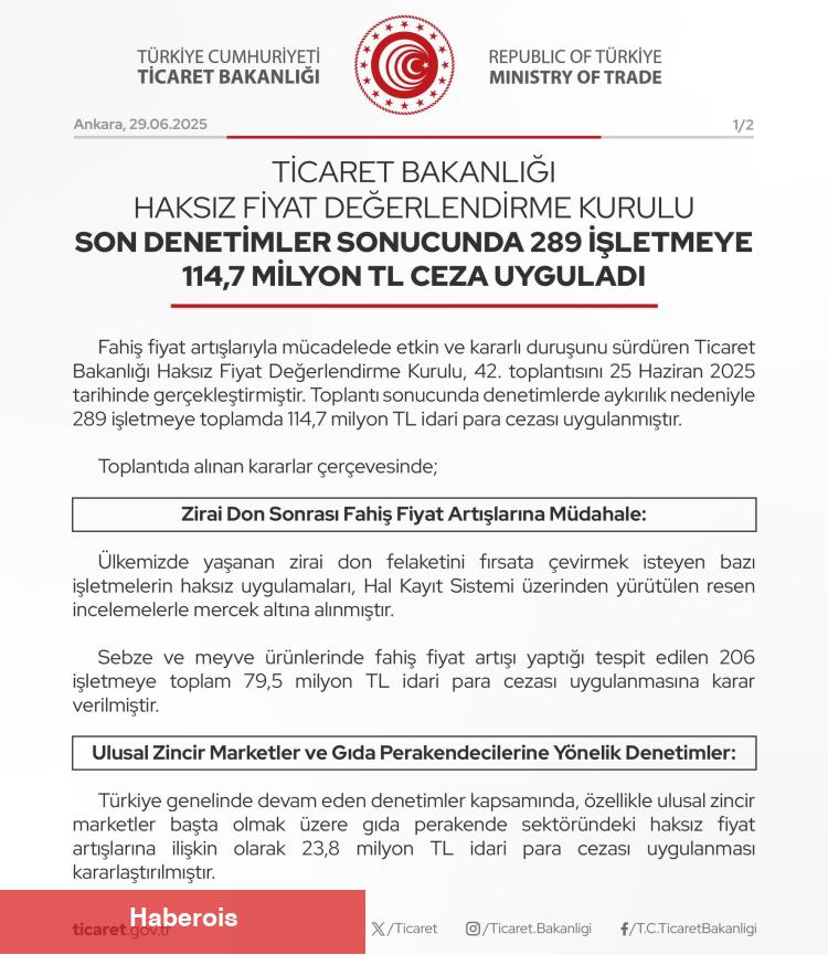 Ticaret'ten fahiş fiyata rekor ceza! 289 işletmeye 114,7 milyon TL!